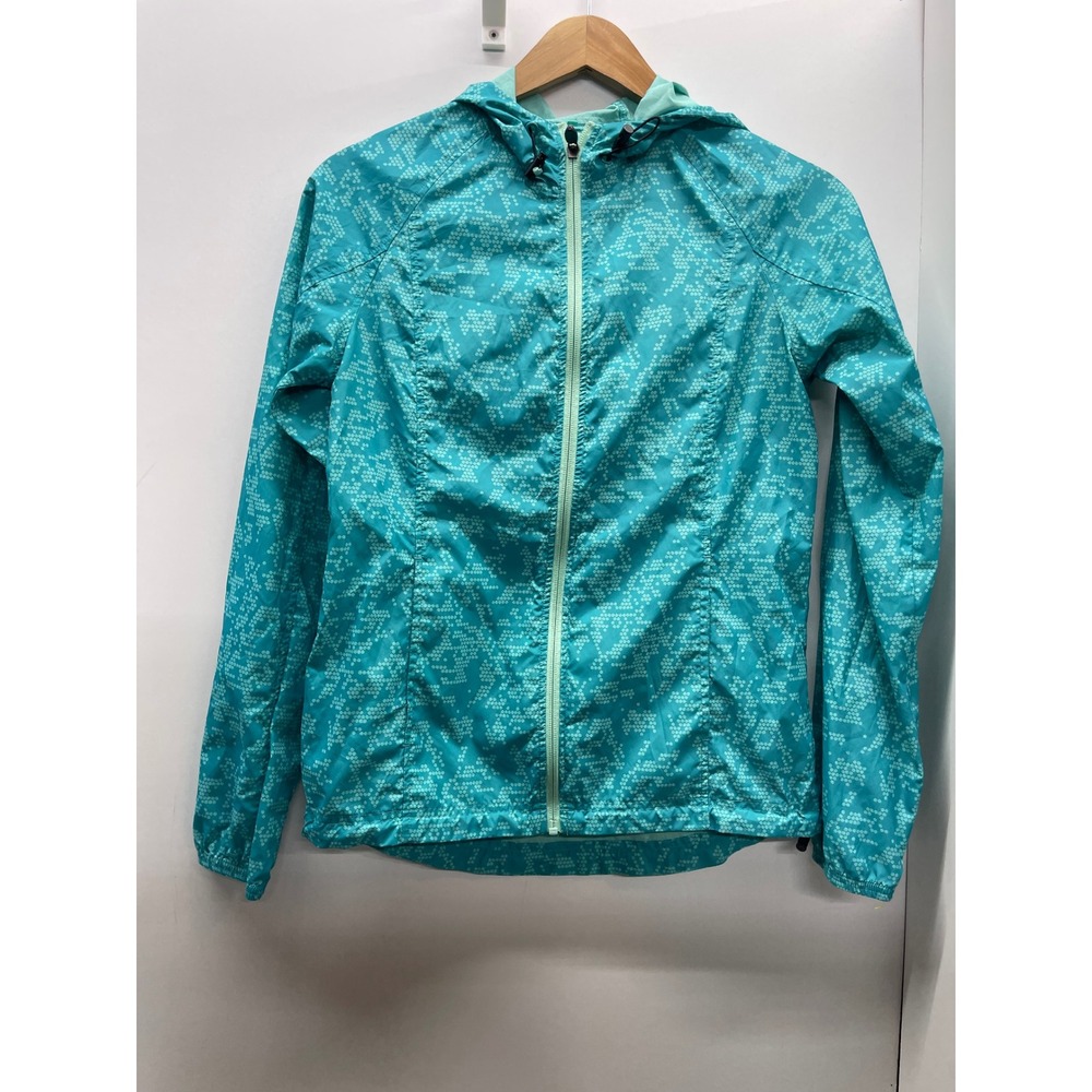Asics Packable Teal Aqua Geometric Print Hooded Running Windbreaker Jacket Small